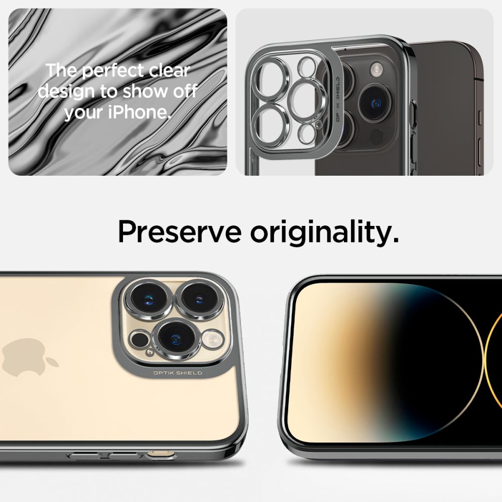 Primo piano di custodie e schermi iPhone. Testo: Preserva l'originalità.