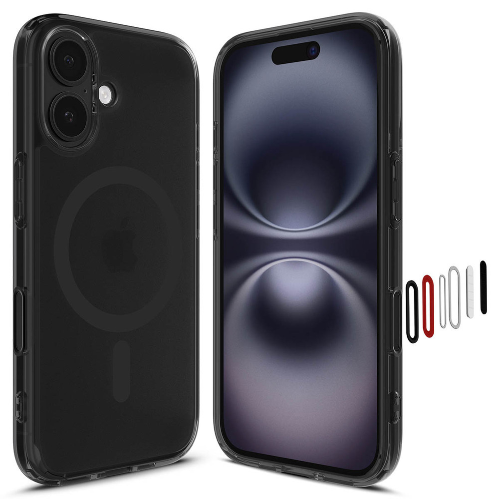 Custodia nera per telefono con anello magnetico e uno smartphone con schermo scuro.