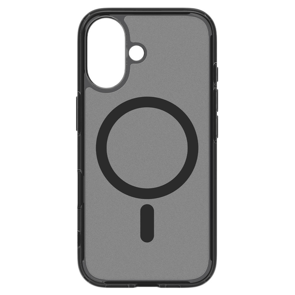 Custodia trasparente per telefono con bordo nero e anello magnetico.