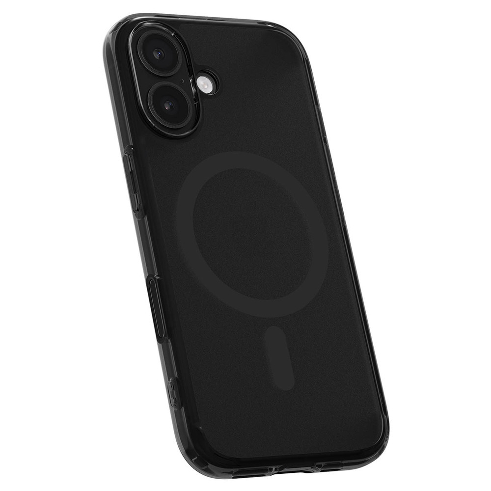 Telefono nero con due fotocamere e un anello magnetico circolare sul retro.