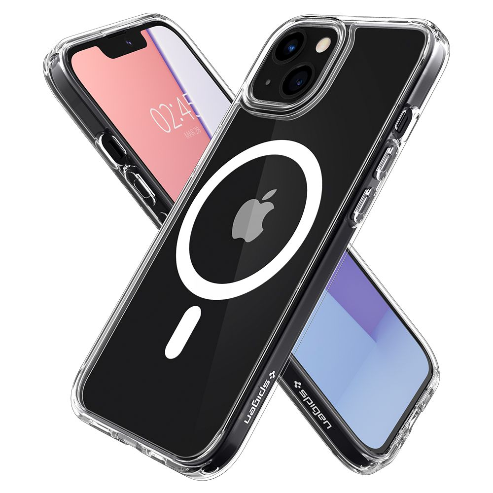 Due iPhone neri con custodie trasparenti sono incrociati, rivelando gli schermi e gli anelli MagSafe sul retro.