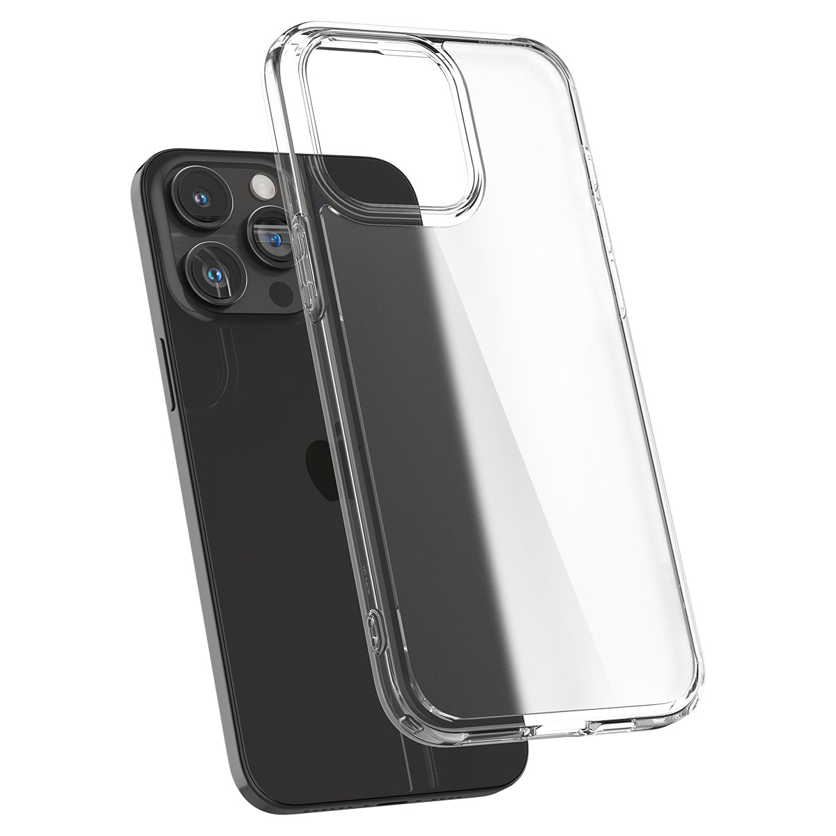 Un iPhone nero con un sistema a tripla fotocamera sul retro, parzialmente coperto da una custodia in plastica trasparente.