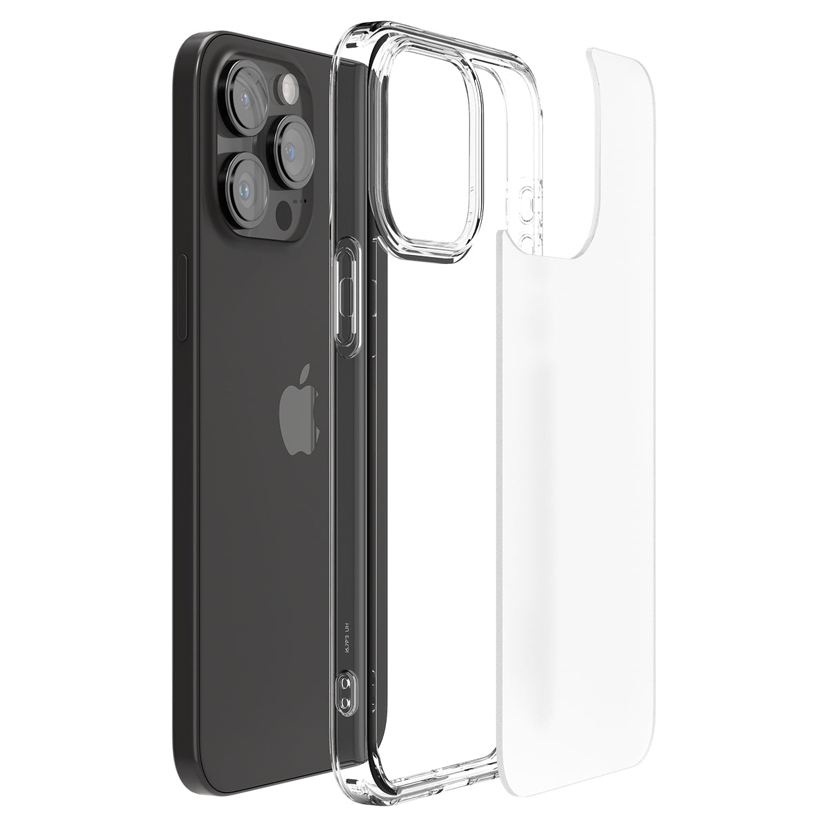 Uno smartphone scuro accanto alla sua custodia protettiva trasparente, su sfondo bianco.