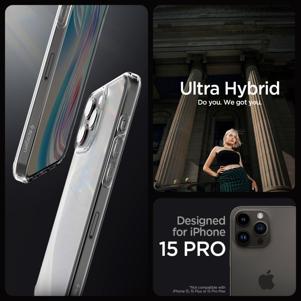 Custodia trasparente per iPhone 15 Pro mostrata. Donna posa vicino a colonne. Testo: Ultra Hybrid.