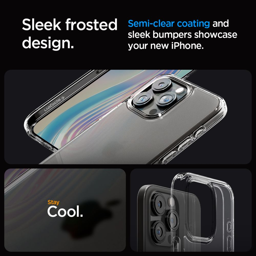Custodia trasparente per iPhone con retro smerigliato e pulsanti laterali. Testo: Stay Cool.