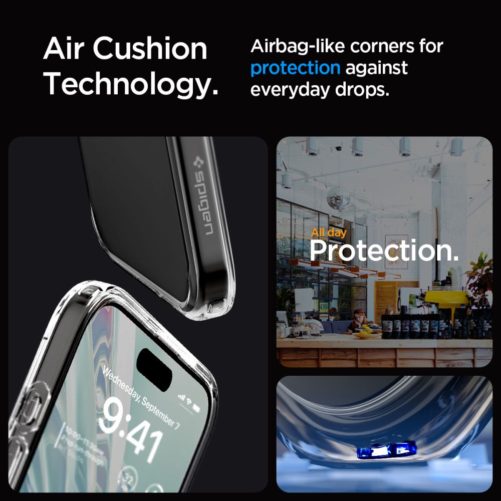 Custodia trasparente per telefono con logo Spigen, schermo del telefono e interno del bar.