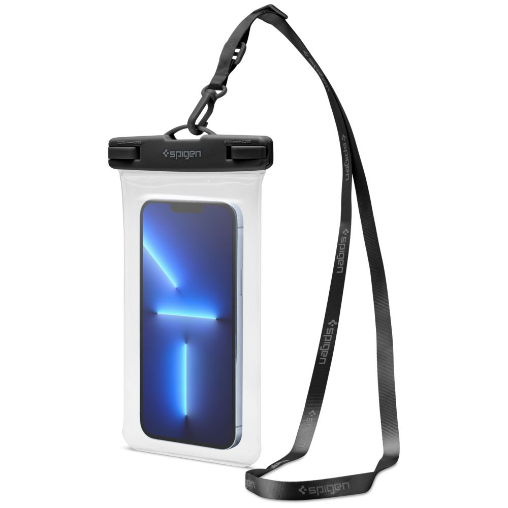 Custodia impermeabile con laccetto contenente uno smartphone con schermo blu.