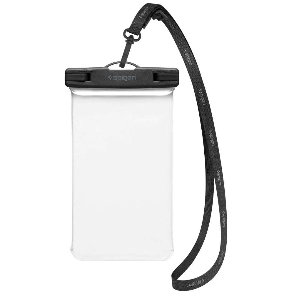 Custodia impermeabile trasparente con cinturino nero e logo Spigen.