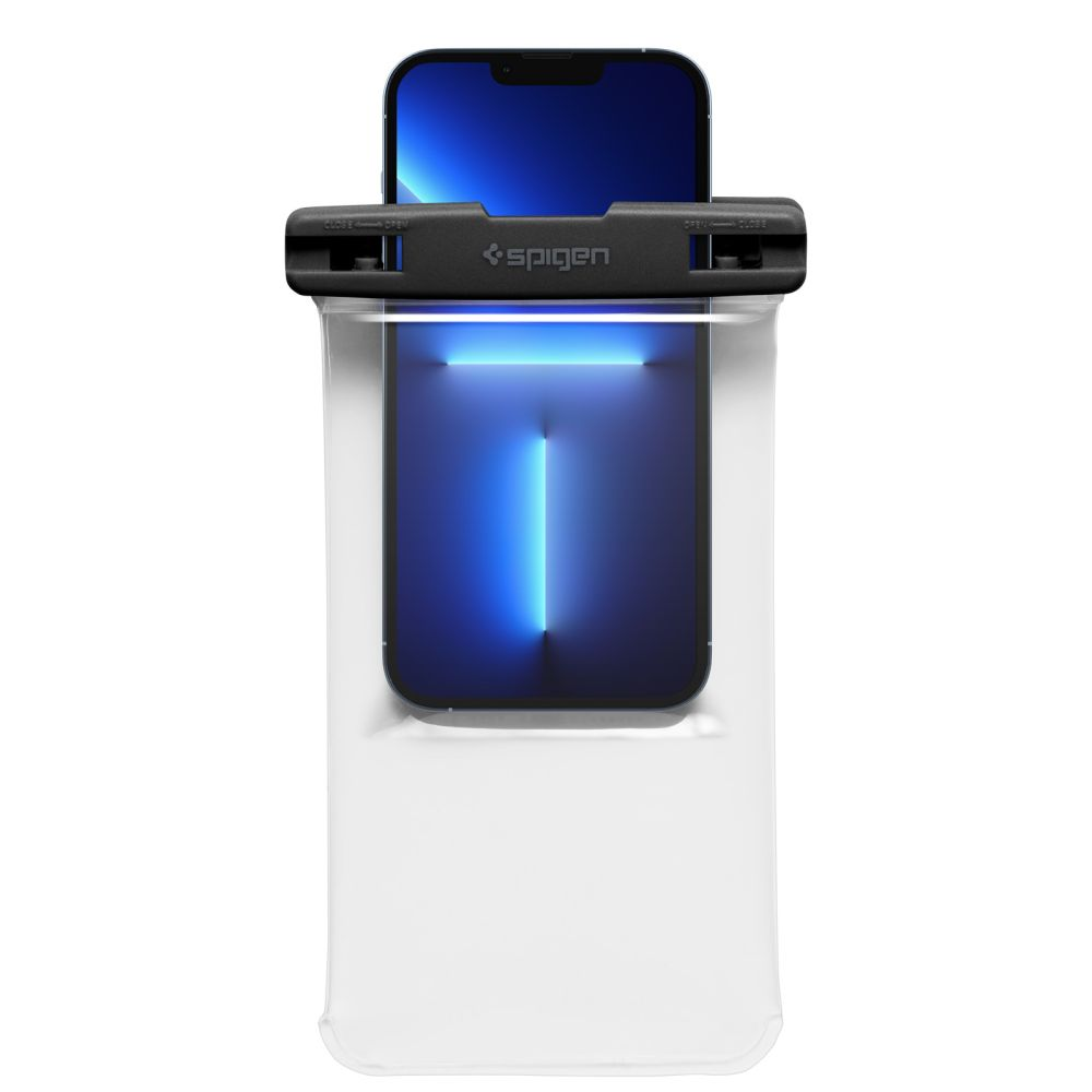 Uno smartphone in una custodia trasparente Spigen con schermo blu.
