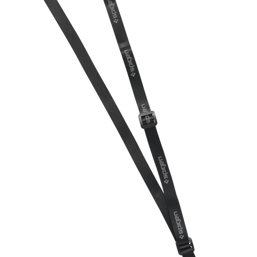 Lanyard Spigen nero con chiusura a fibbia argentata.