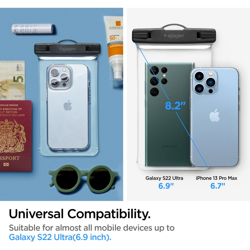 Una custodia impermeabile Spigen contiene un iPhone, accanto a un passaporto, occhiali da sole e una banconota da un euro, dimostrando la compatibilità universale.