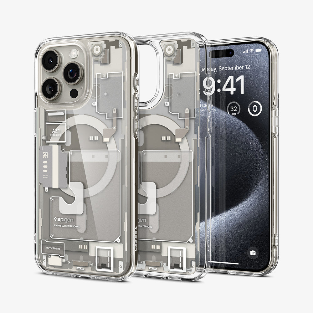 Custodie trasparenti per iPhone con design schematico interno. Un telefono visibile.