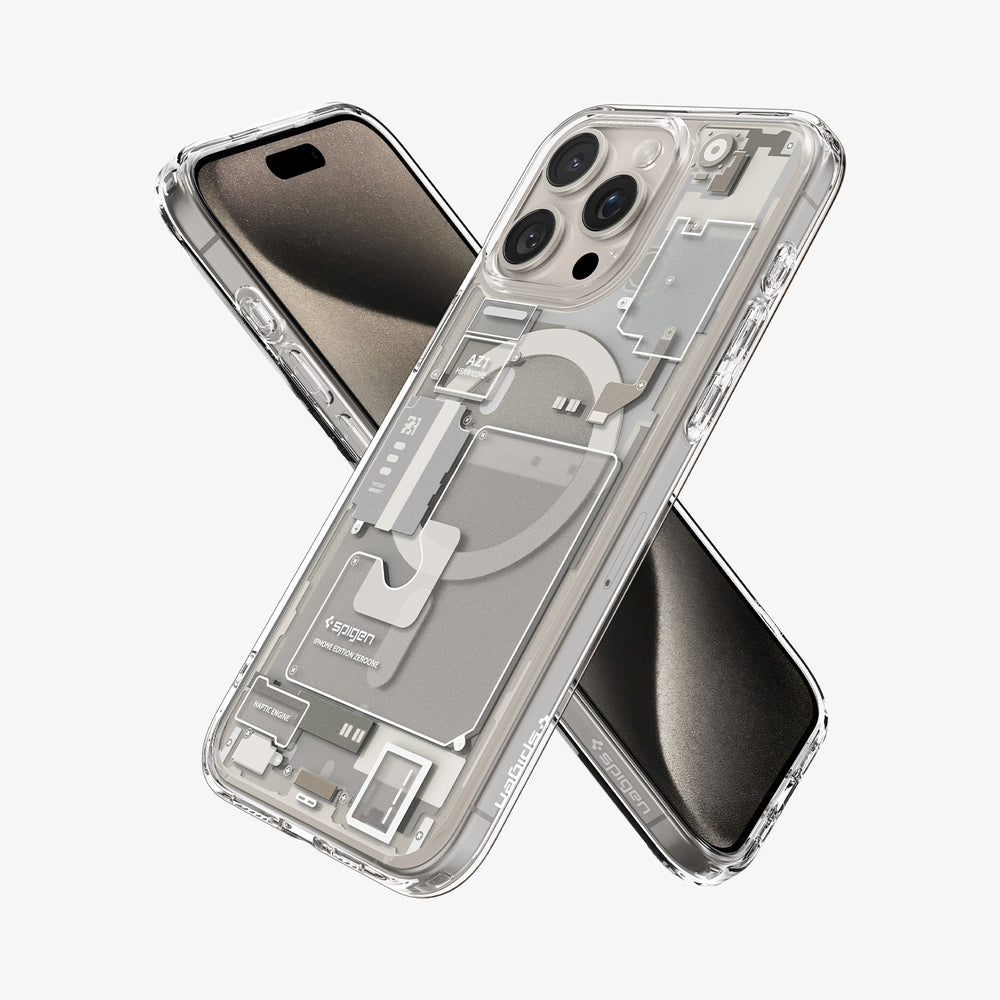 Due iPhone in custodie trasparenti, uno rivolto verso il basso, che mostra un design interno trasparente, su sfondo bianco.