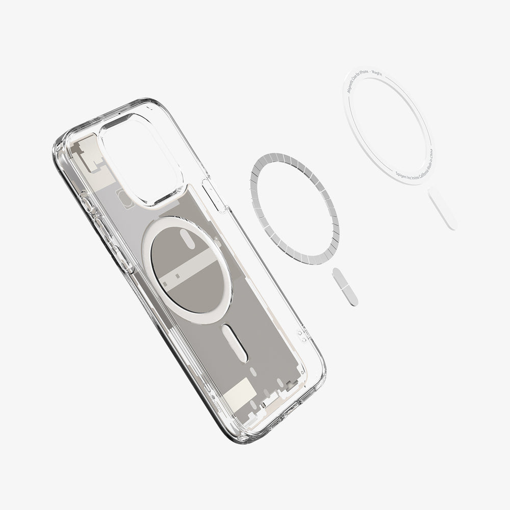 Custodia trasparente per telefono con anello magnetico e accessori su sfondo bianco.