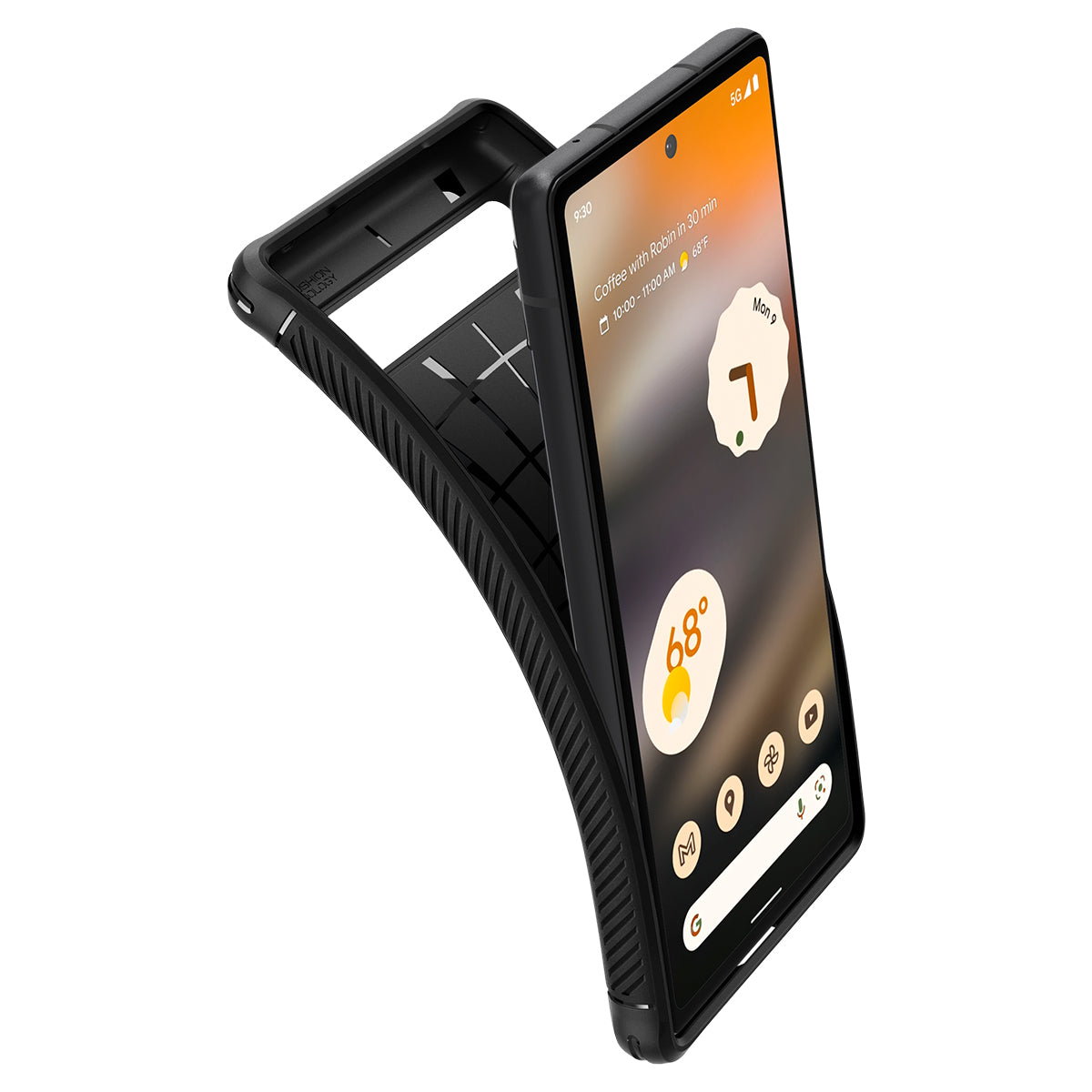 Uno smartphone nero con la sua custodia mostrata da dietro.