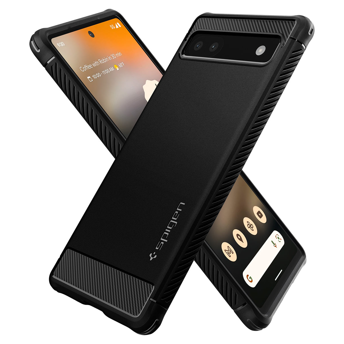 Due custodie nere Spigen per Google Pixel 6, una rivolta verso l'alto, l'altra verso il basso, su sfondo bianco.
