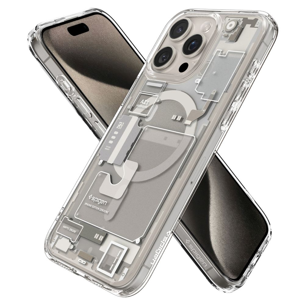Custodia trasparente con design interno dello schema su un iPhone.