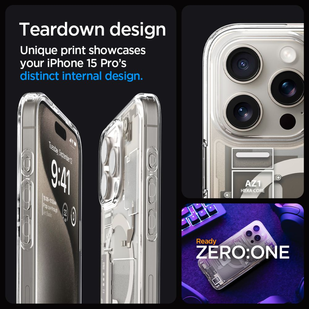 Custodia iPhone 15 Pro con stampa design interno. Mostra fotocamera, pulsanti e testo.
