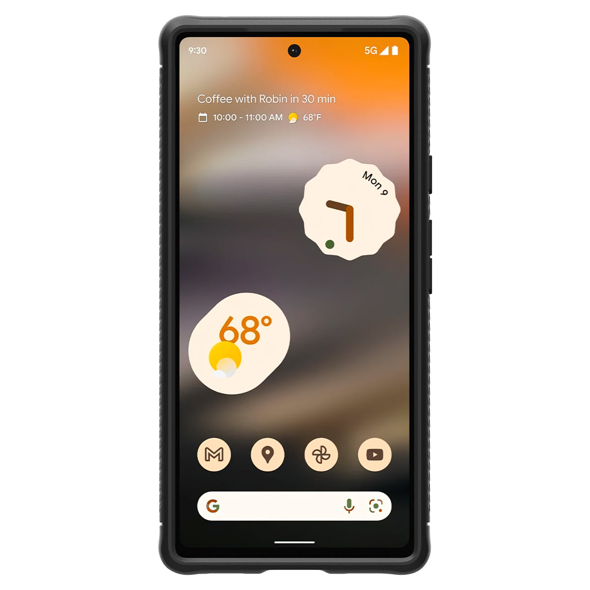 Smartphone con calendario, meteo e icone app.