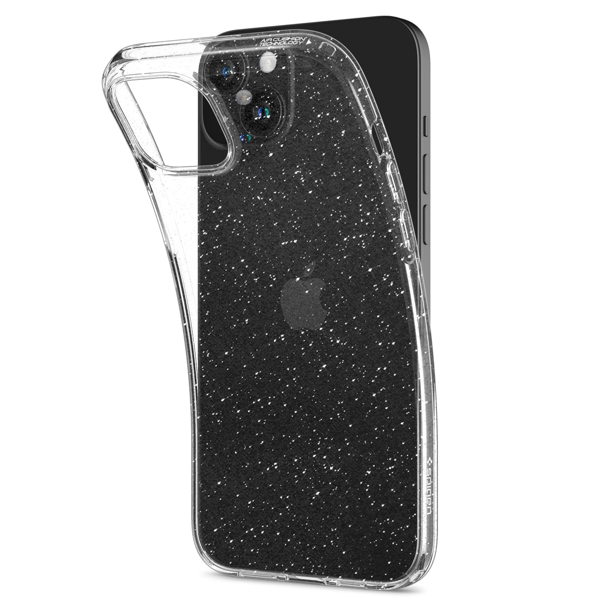 Una custodia trasparente e glitterata è mostrata parzialmente rimossa da uno smartphone nero con il logo Apple visibile.