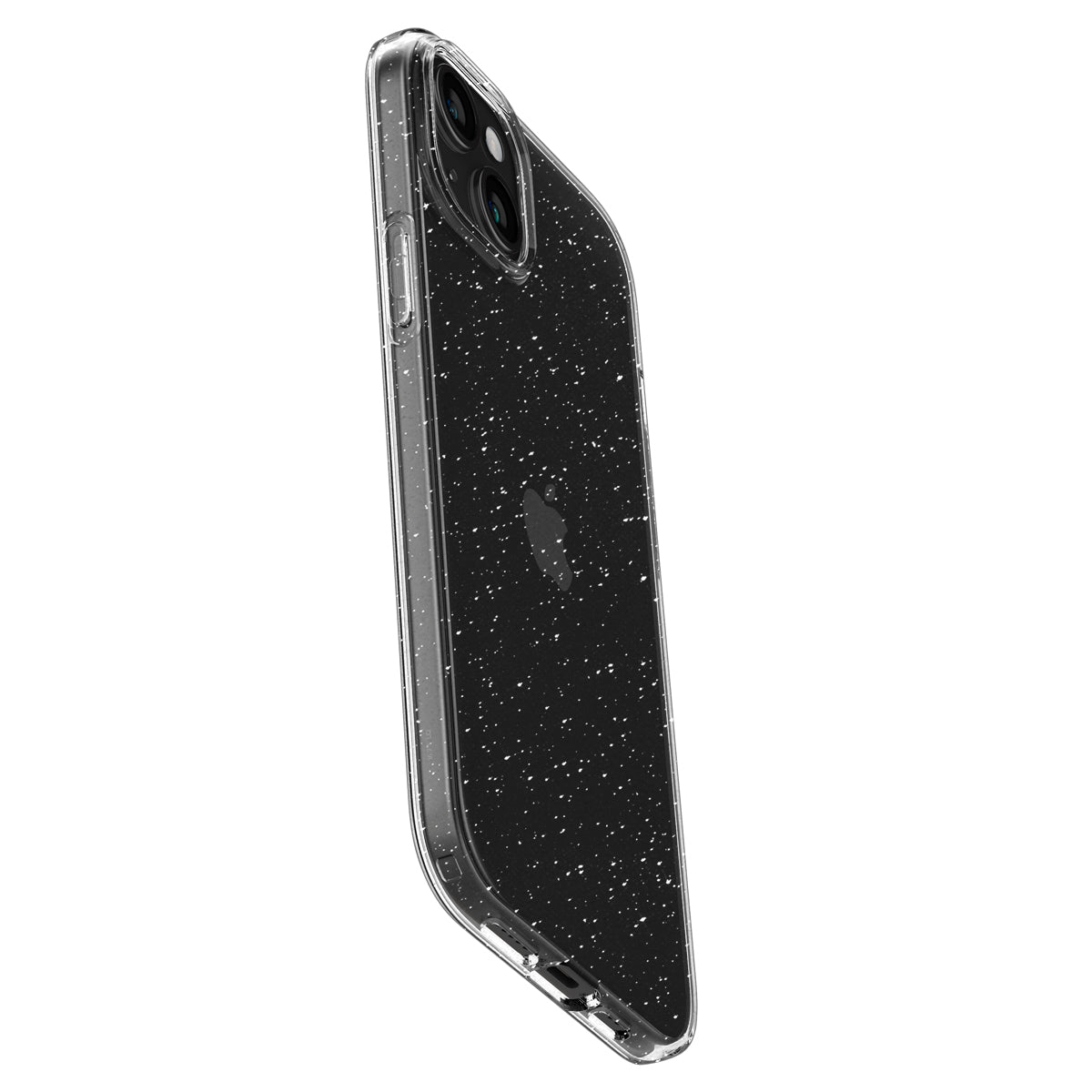 Una custodia trasparente per iPhone con macchioline bianche su un telefono nero, vista dal lato superiore destro, su sfondo bianco.