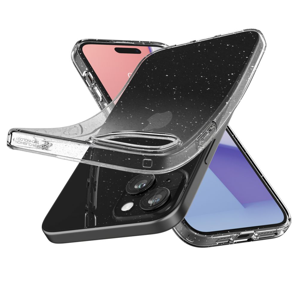 Una cover trasparente per telefono con pagliuzze scintillanti protegge uno smartphone nero con doppia fotocamera.