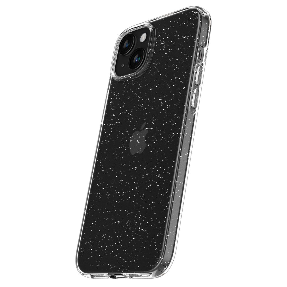 Un iPhone nero con cover glitterata, mostrato su sfondo bianco.