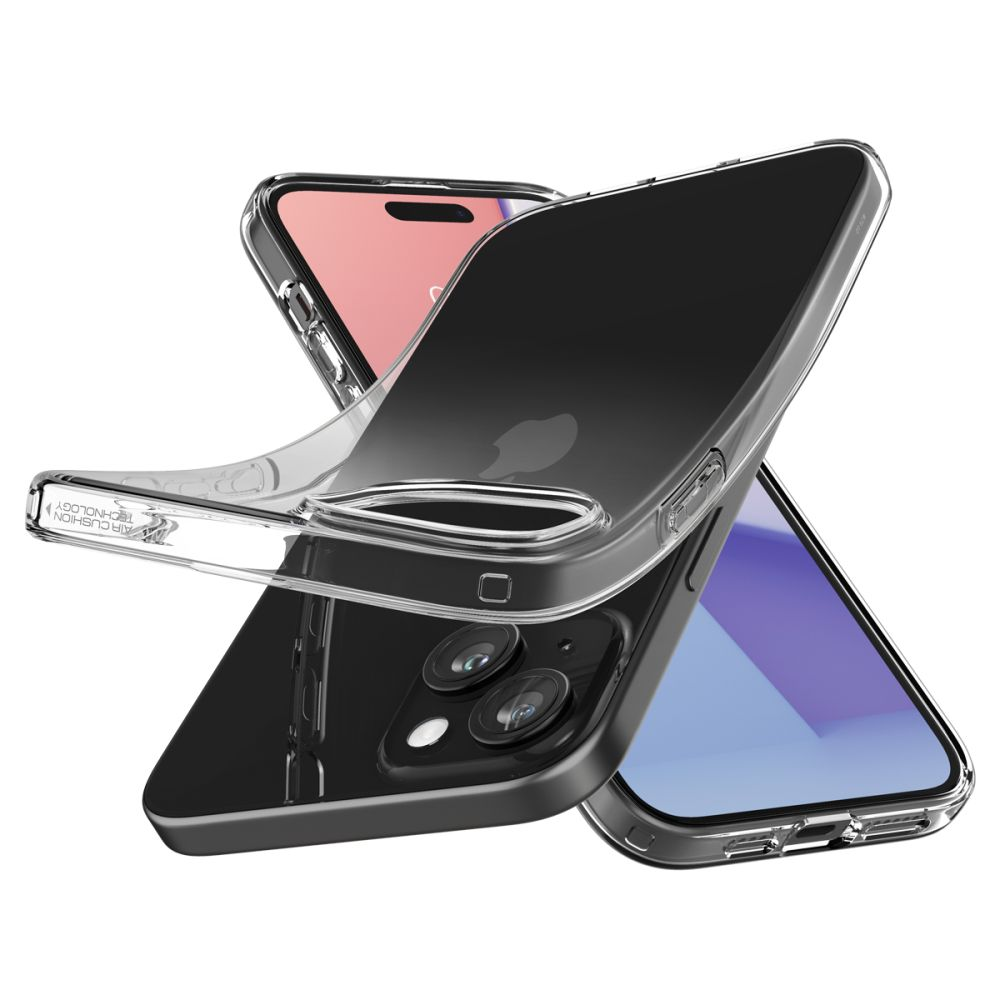 Una custodia trasparente per telefono con tecnologia a cuscino d'aria circonda uno smartphone nero.