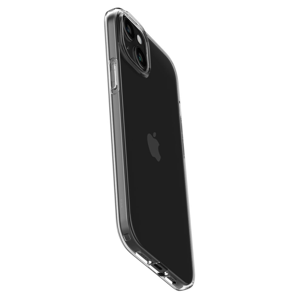 Custodia trasparente per telefono con logo Apple e fotocamere su sfondo bianco.