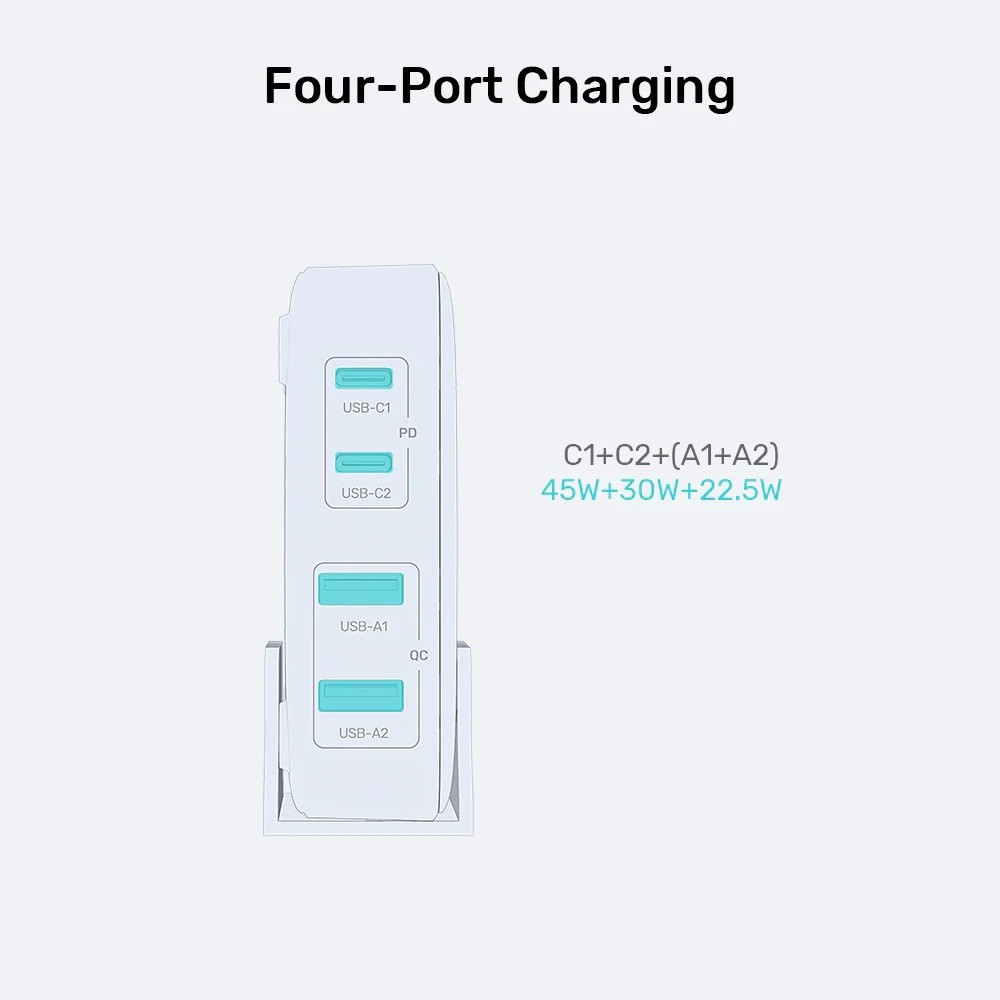 İki USB-C ve iki USB-A bağlantı noktasına sahip beyaz dört portlu şarj cihazı.