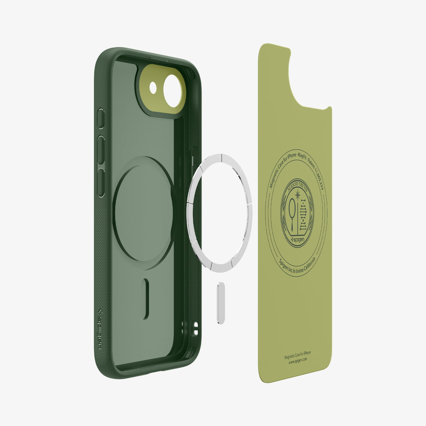 Una custodia per telefono verde scuro smontata con una fodera interna magnetica verde chiaro e un anello magnetico argentato.