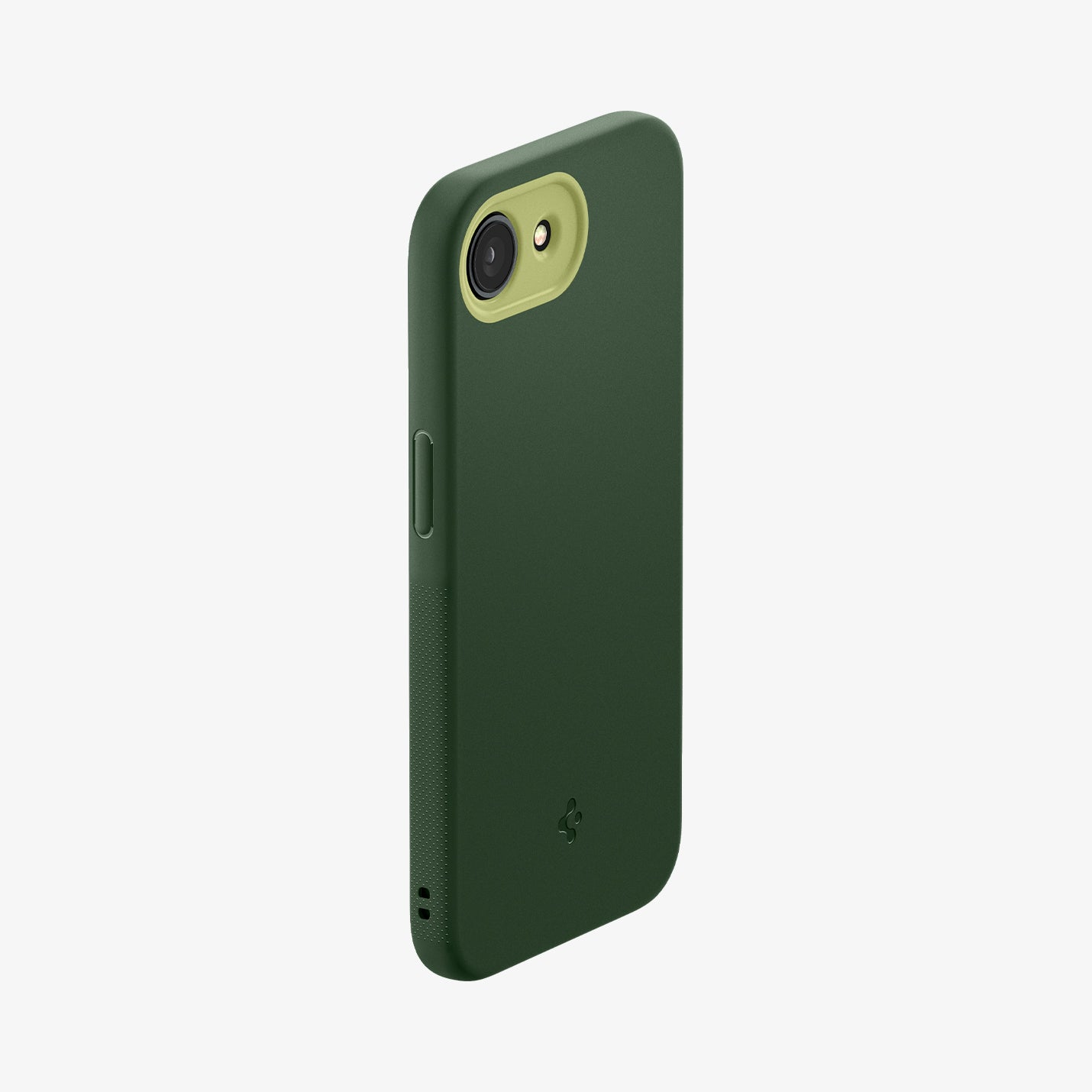 Custodia verde scuro per telefono con bordo fotocamera verde chiaro su sfondo bianco.