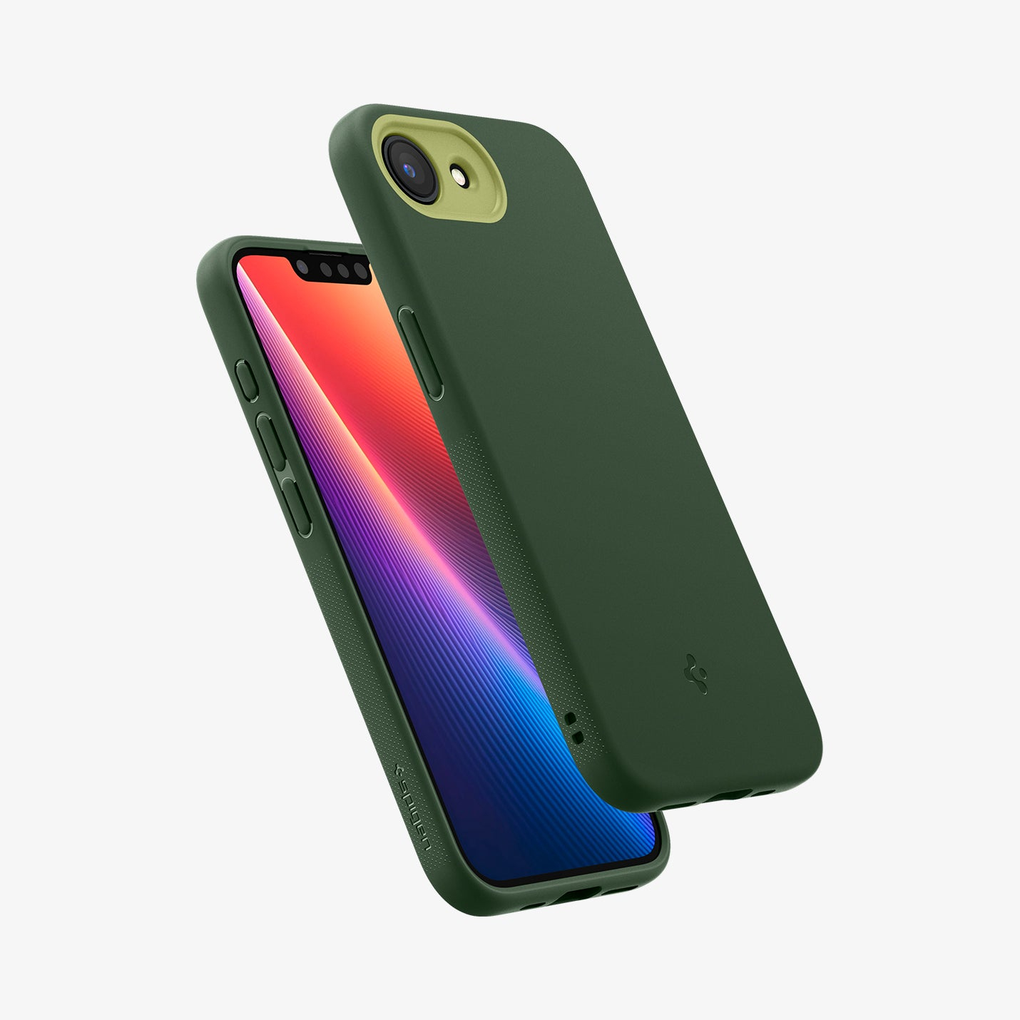 Custodia verde scuro con anello fotocamera verde chiaro su smartphone con schermo colorato.