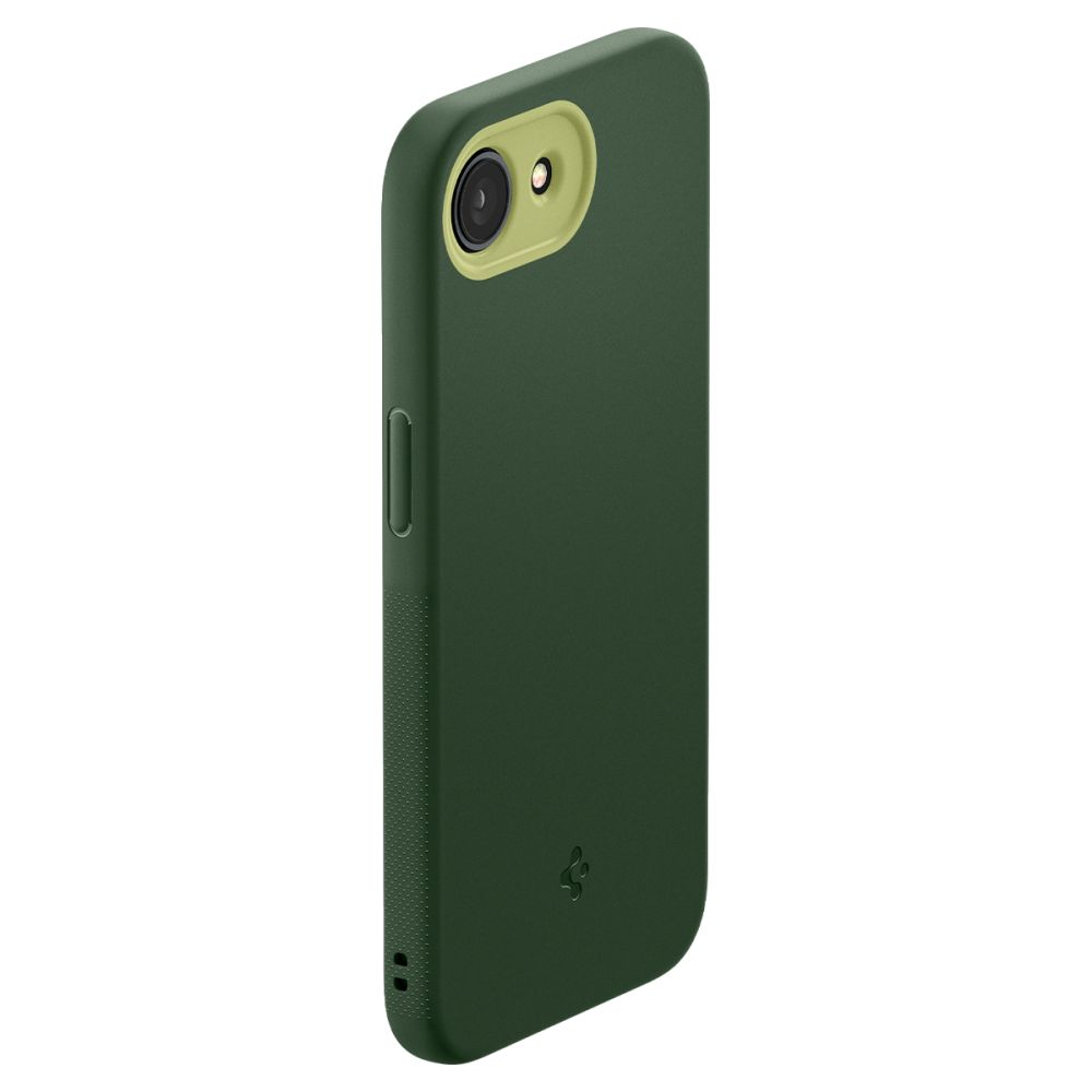 Custodia verde scuro per telefono con ritaglio fotocamera e logo su sfondo bianco.