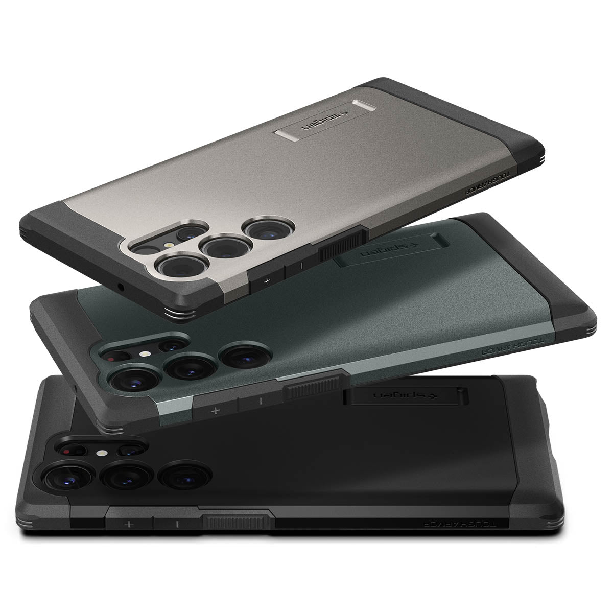 Tre custodie per telefono grigie, verde scuro e nere, impilate.