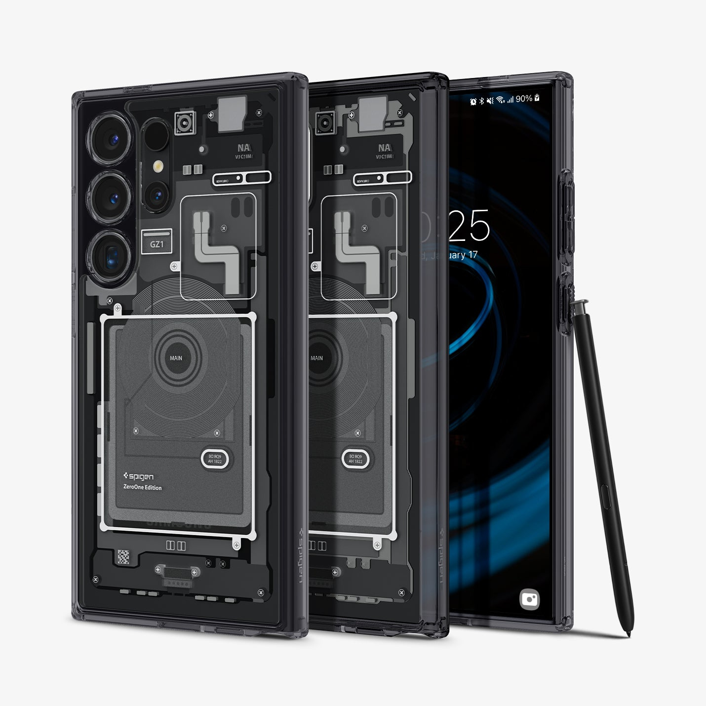 Due custodie trasparenti per telefono con design di componenti interni e un telefono con stilo.