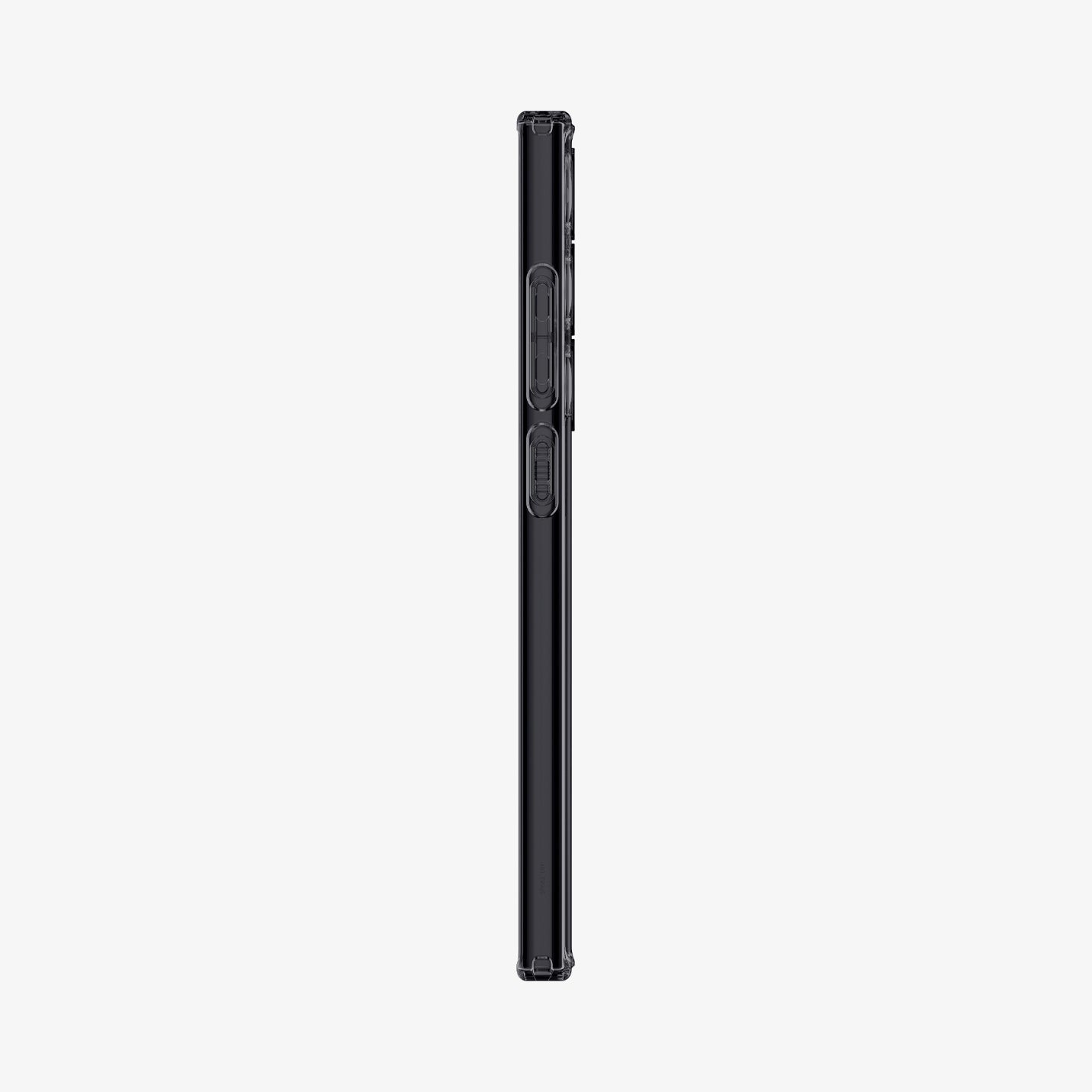 Uno smartphone nero in una custodia, visto di lato, con i pulsanti.