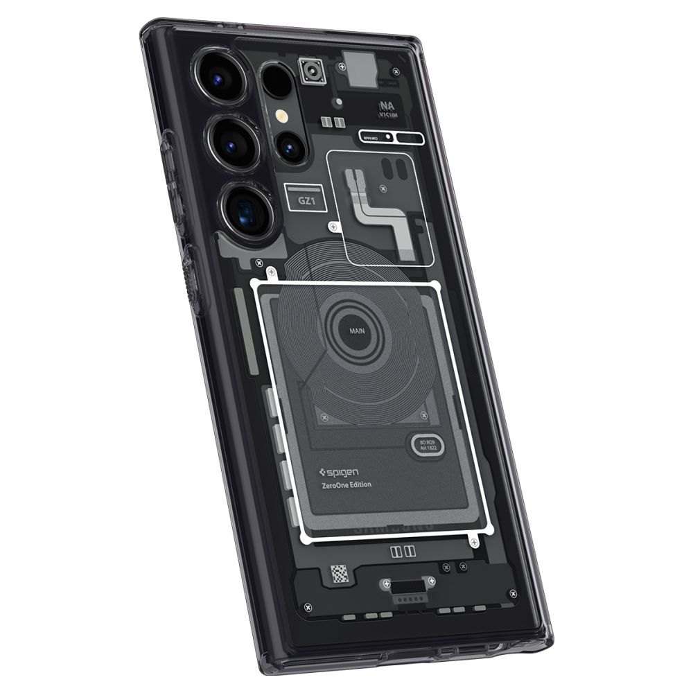 Custodia trasparente per telefono che mostra i componenti interni con marchio Spigen ZeroOne Edition.