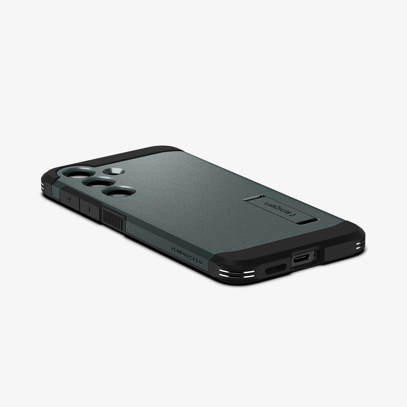 Custodia per telefono grigio scuro con bordi neri, fotocamere e porta di ricarica.