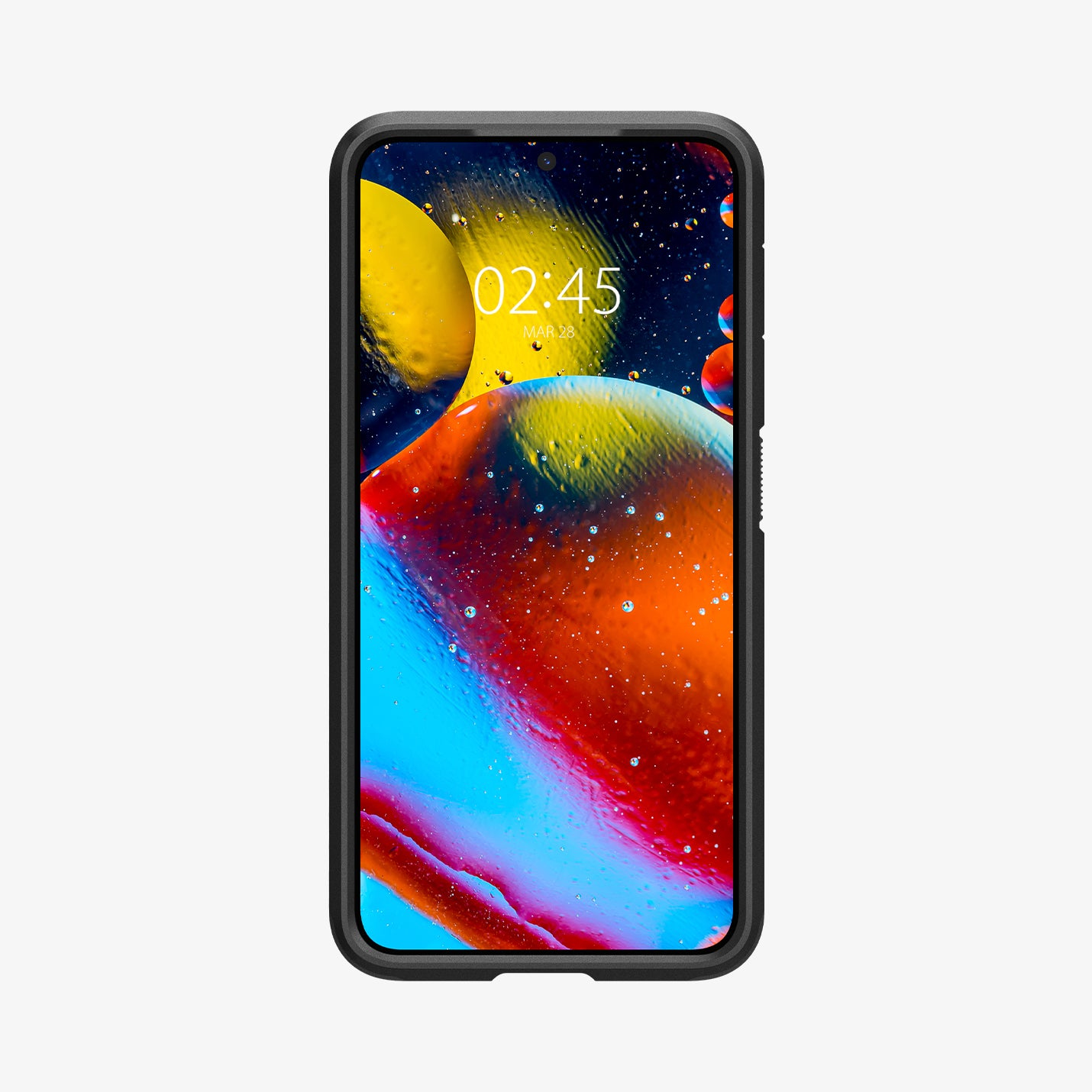 Uno smartphone con uno sfondo astratto colorato e l'ora 02:45.