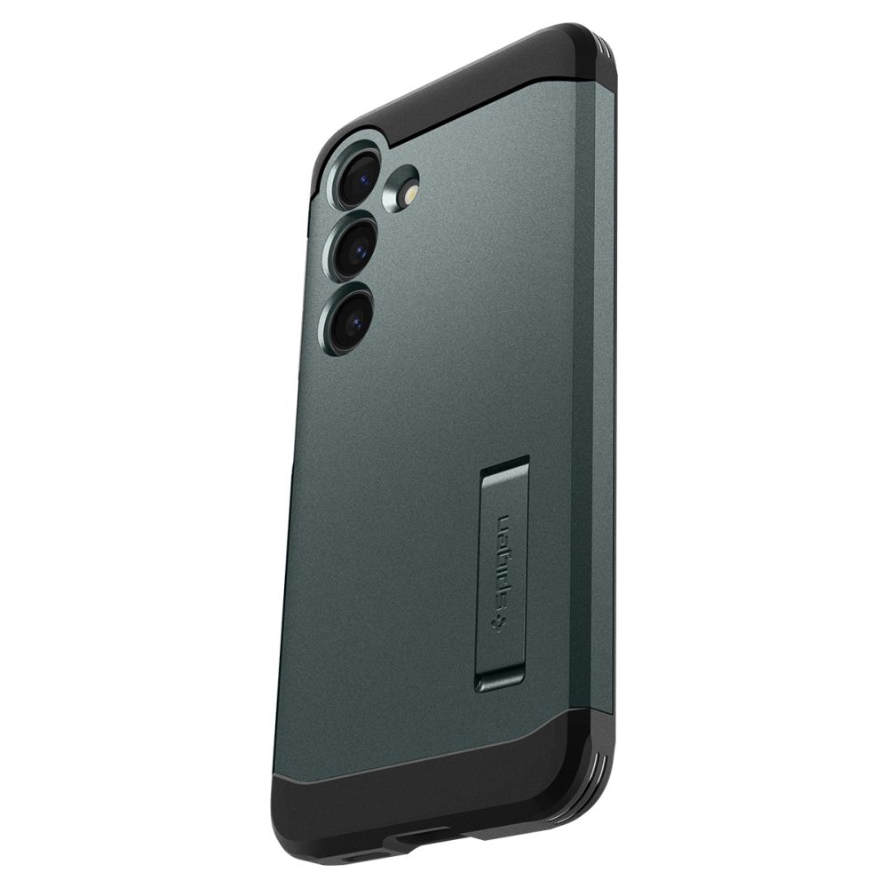 Custodia per telefono grigio scuro con bordo nero e supporto integrato.