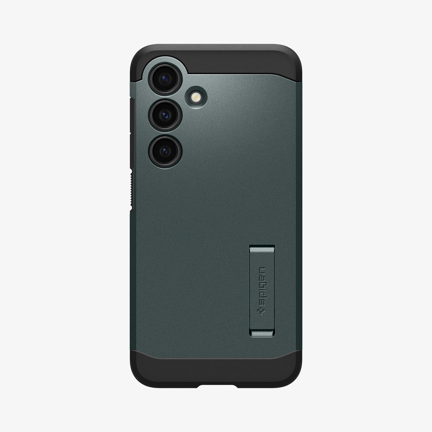 Custodia per telefono verde scuro con tre fotocamere e un cavalletto.