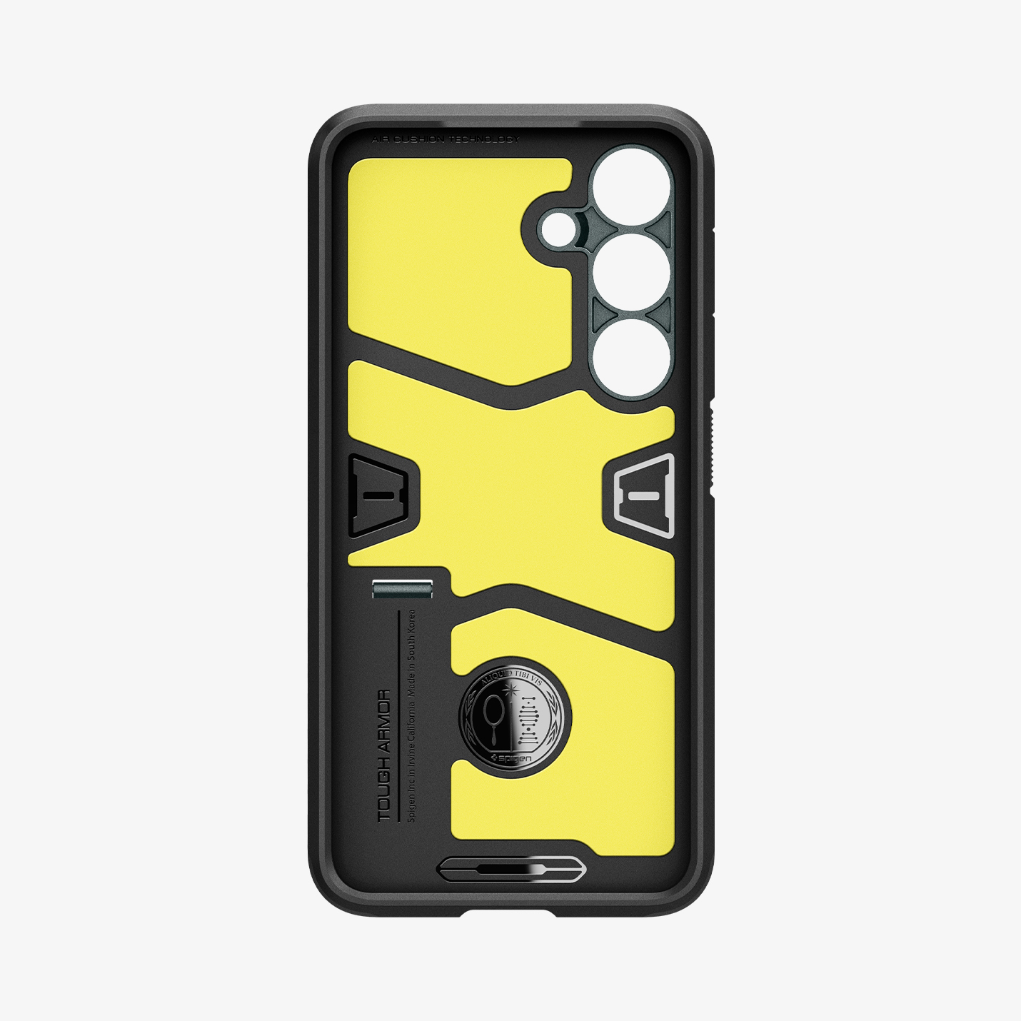 Custodia nera per telefono con inserto giallo e tre fori per fotocamera.