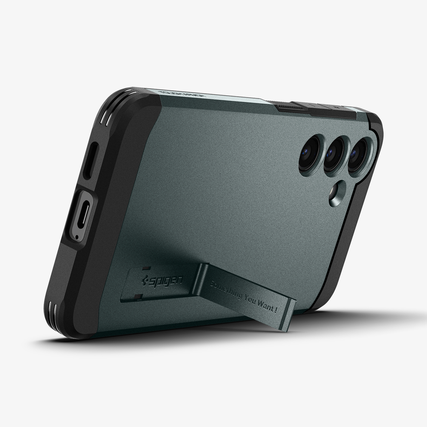 Custodia per telefono grigio scuro con supporto integrato e tre fotocamere.