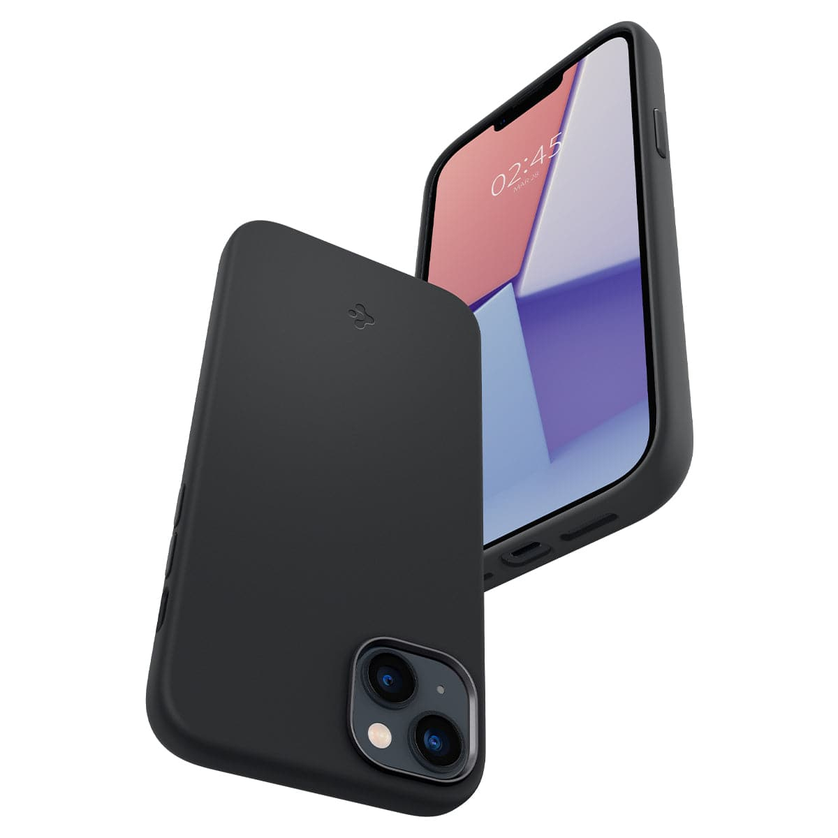 Custodia nera per telefono con smartphone. Custodia a sinistra, smartphone a destra.