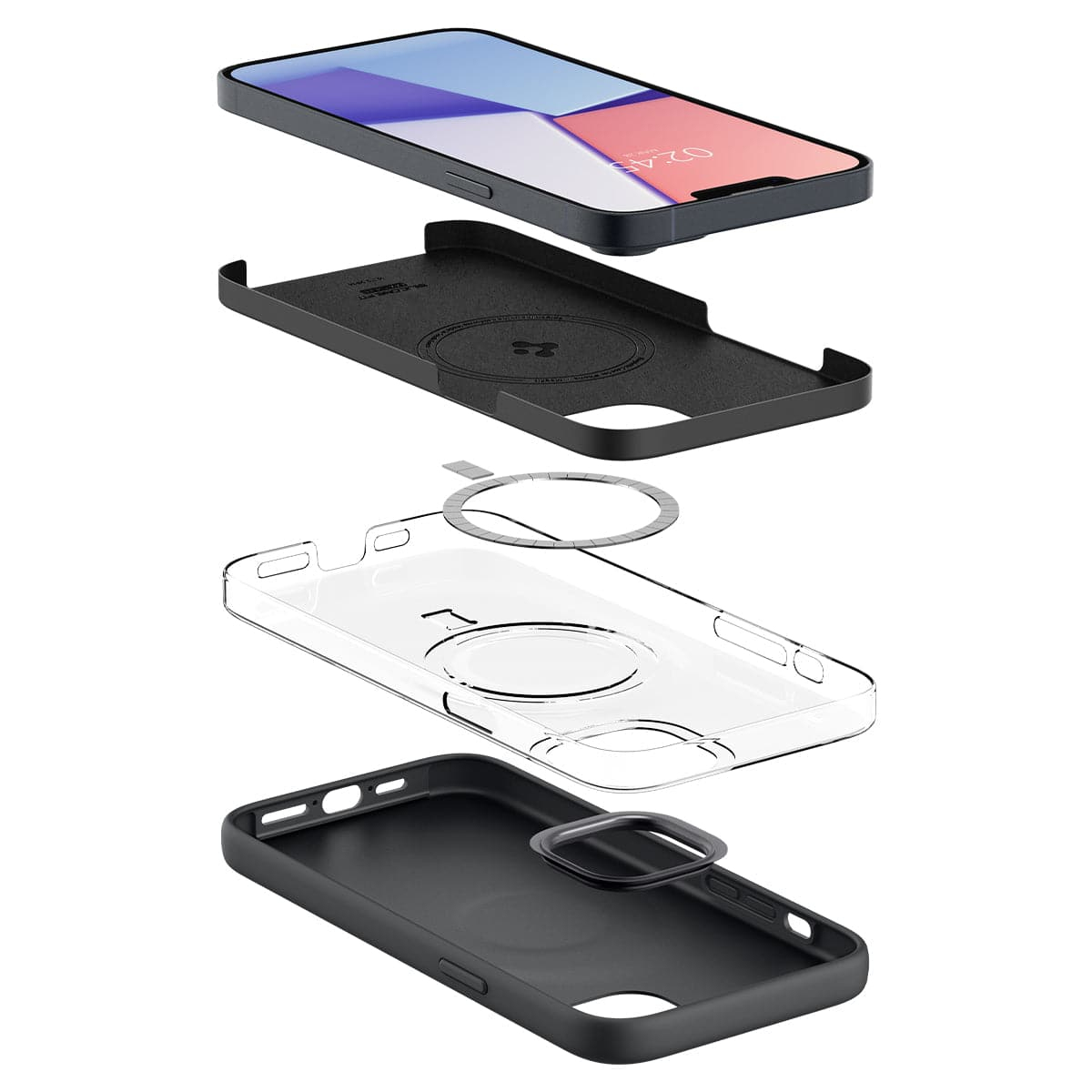 Vista esplosa di uno smartphone nero, custodia nera, anello magnetico, custodia trasparente e copriobiettivo nero.