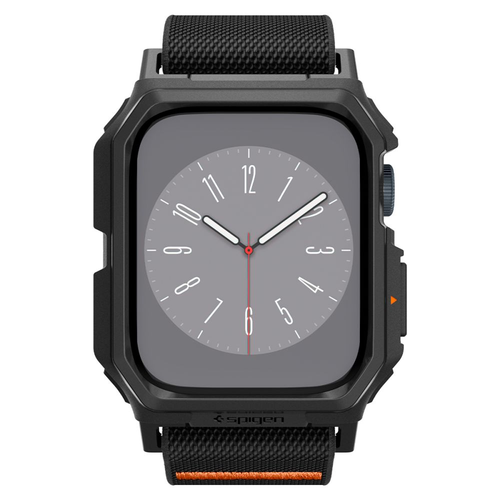 Smartwatch nero con cassa robusta e quadrante grigio. Dettaglio arancione.
