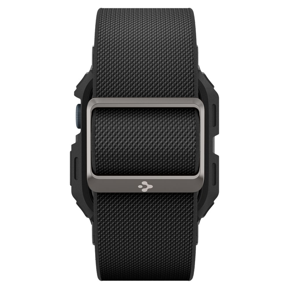 Cinturino in tessuto nero per smartwatch con fibbia in metallo.