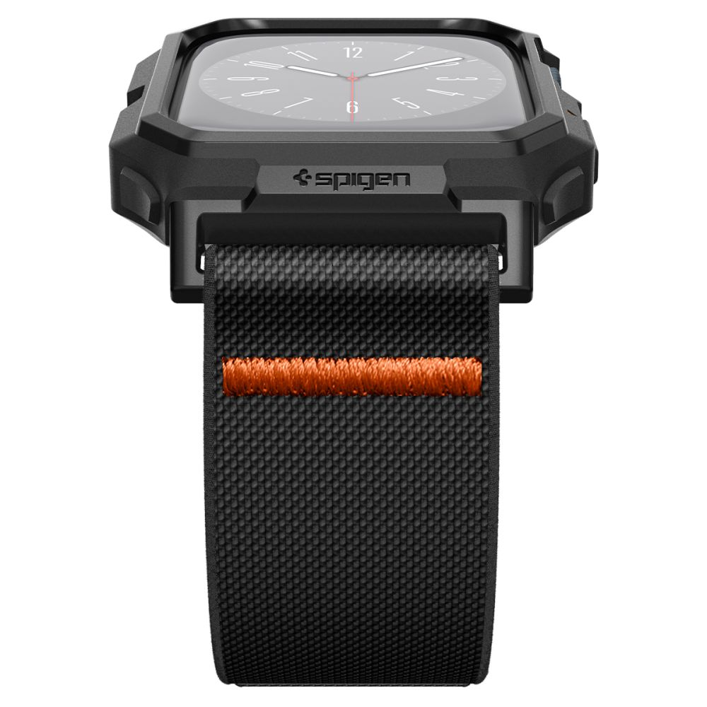 Custodia nera per smartwatch con cinturino arancione e lancette argentate.