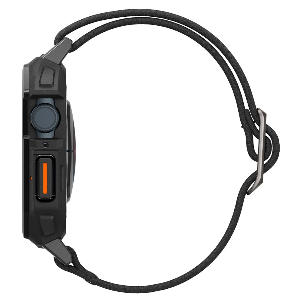 Smartwatch nero con bottone arancione e quadrante grigio, cinturino intrecciato nero e chiusura metallica, su sfondo bianco.